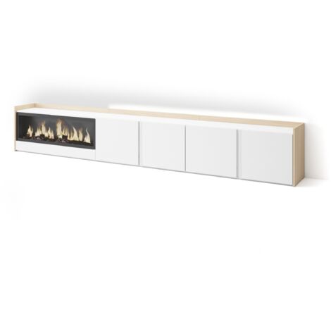 Skraut Home - Mobile TV Soggiorno, Ampio spazio a disposizione, 315x35x50cm, Per TV fino a 80", Camino elettrico XXL, LED, Stile moderno, Bianco e Rovere soft (1/5)