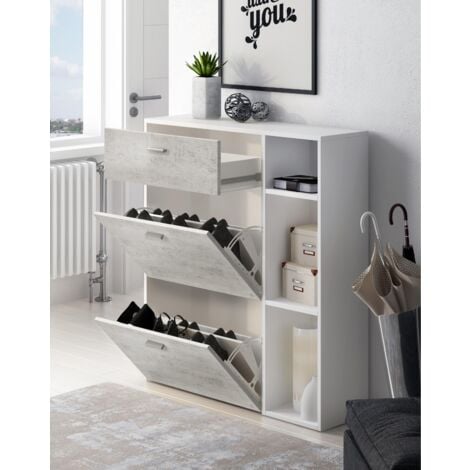 Skraut Home - Portascarpe WIND, struttura colore BIANCO OPACO, colore Grigio Cemento sulle 2 porte basculanti e sul cassetto, misura 90x26x101,5cm di altezza.