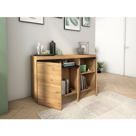 Skraut Home - Credenza soggiorno Sala da pranzo ufficio Colore ''Rovere/Nero'' 3 Poret 1 Comparti 81x140x40 cm, nordico
