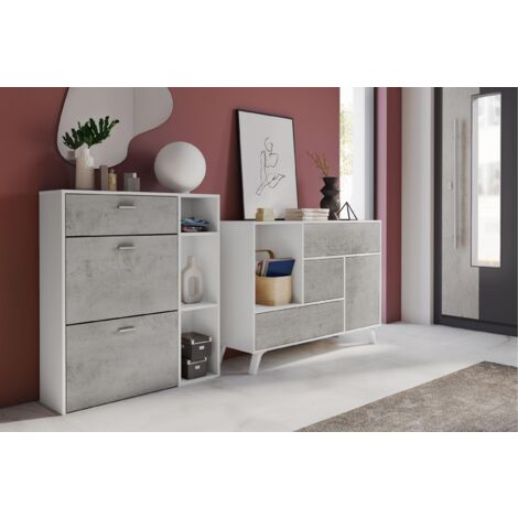 Skraut Home - Set ingresso, sala da pranzo, credenza, struttura colore bianco e porte e cassetti Grigio Cemento - buffet - scarpiera