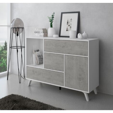 Skraut Home - Set ingresso, sala da pranzo, credenza, struttura colore bianco e porte e cassetti Grigio Cemento - buffet - scarpiera