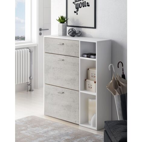 Skraut Home - Set ingresso, sala da pranzo, credenza, struttura colore bianco e porte e cassetti Grigio Cemento - buffet - scarpiera