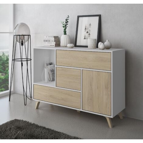 Skraut Home - Set ingresso, sala da pranzo, credenza, struttura colore  bianco e porte e cassetti rovere 