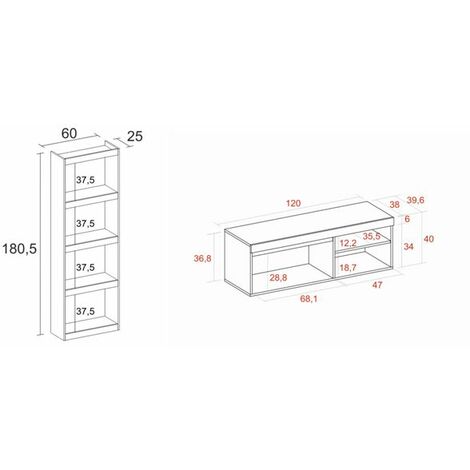 Skraut Home - Set NATURALE - Soggiorno - Sala da pranzo - Ufficio - Mobili  componibili - Mobile TV 120cm - Libreria colore