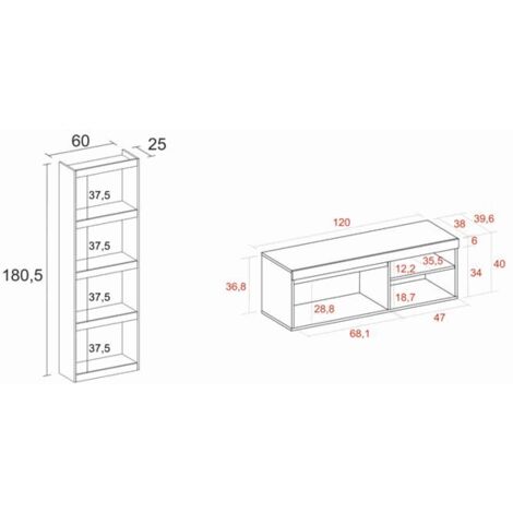 Set NATURALE - Soggiorno - Sala da pranzo - Ufficio - Mobili componibili -  Mobile TV 120cm - Libreria colore Rovere/Nero - Stile moderno