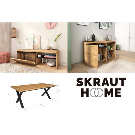 Set Soggiorno Paris Skraut - Madia, Mensola E Mobile TV Con LED, Stile Nordico Bianco/Rovere - Foto 12