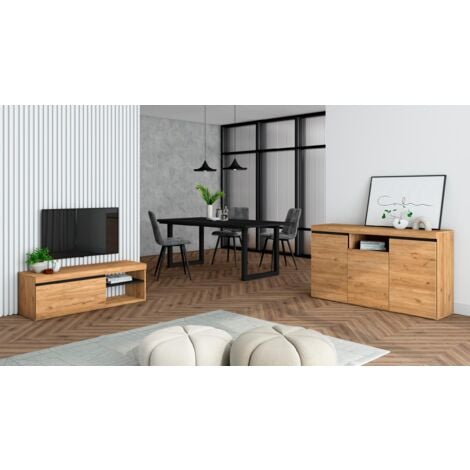 Skraut Home - Set di mobili per il soggiorno - Tavolo 200 Nera piedi U 10  commensali - Mobile TV 120 - Madia / Credenza 140 - Rovere e Nero - Stile  industriale