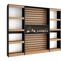 Skraut Home - Libreria scaffale, Scaffali in legno a ripiani, 230x186x25cm, Soggiorno - Ufficio, Camino elettrico, Stile moderno, Rovere e nero