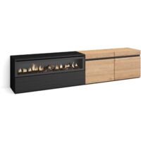 Skraut Home - Mobile TV Soggiorno, Ampio spazio a disposizione, 200x45x35cm, Per TV fino a 80", Camino elettrico, Stile moderno, Rovere e nero