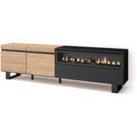 Skraut Home - Mobile TV Soggiorno, Ampio spazio a disposizione, 200x57x35cm, Per TV fino a 80", Camino elettrico, Design industriale, Stile moderno, Rovere e nero