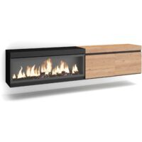 Skraut Home - Mobile TV Soggiorno, Ampio spazio a disposizione, 210, Per TV fino a 80", Camino elettrico XXL, Sospeso, da appendere, Stile moderno, Rovere e nero