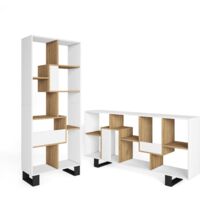 Skraut Home - Libreria scaffale, Scaffali in legno a ripiani, 67x31x174cm, Design industriale, Stile moderno, Bianco e Rovere
