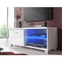 Mobile TV Skraut Home - 150x42x40cm, Con Luci LED, Per TV Fino A 65", Ripiano In Vetro, Bianco/Nero - Foto 11