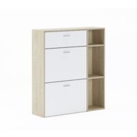 Skraut Home - Portascarpe WIND, colore struttura Puccini, colore Bianco nelle 2 porte basculanti e nel cassetto, misura 90x26x101,5cm di altezza.