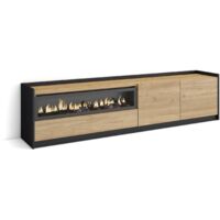 Skraut Home - Mobile TV Soggiorno, 207x37x50cm, Per TV fino a 80", Camino elettrico, Rovere e nero