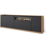 Skraut Home - Credenza, Mobile, Cucina, Madia, 260x37x80cm, 5 Porte, Camino elettrico, Nero e rovere