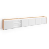Skraut Home - Mobile TV Soggiorno, Ampio spazio a disposizione, 309x35x50cm, Per TV fino a 80", LED, Stile moderno, Bianco e Rovere soft