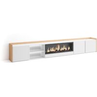 Skraut Home - Mobile TV Soggiorno, Ampio spazio a disposizione, 315x35x50cm, Per TV fino a 80", Camino elettrico XXL, LED, Stile moderno, Bianco e Rovere soft