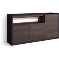 Skraut Home - Credenza, Mobile, Cucina, Madia, mobile ingresso, 156x37x80cm, 3 Porte, LED, Stile moderno, Rovere scuro e Nero