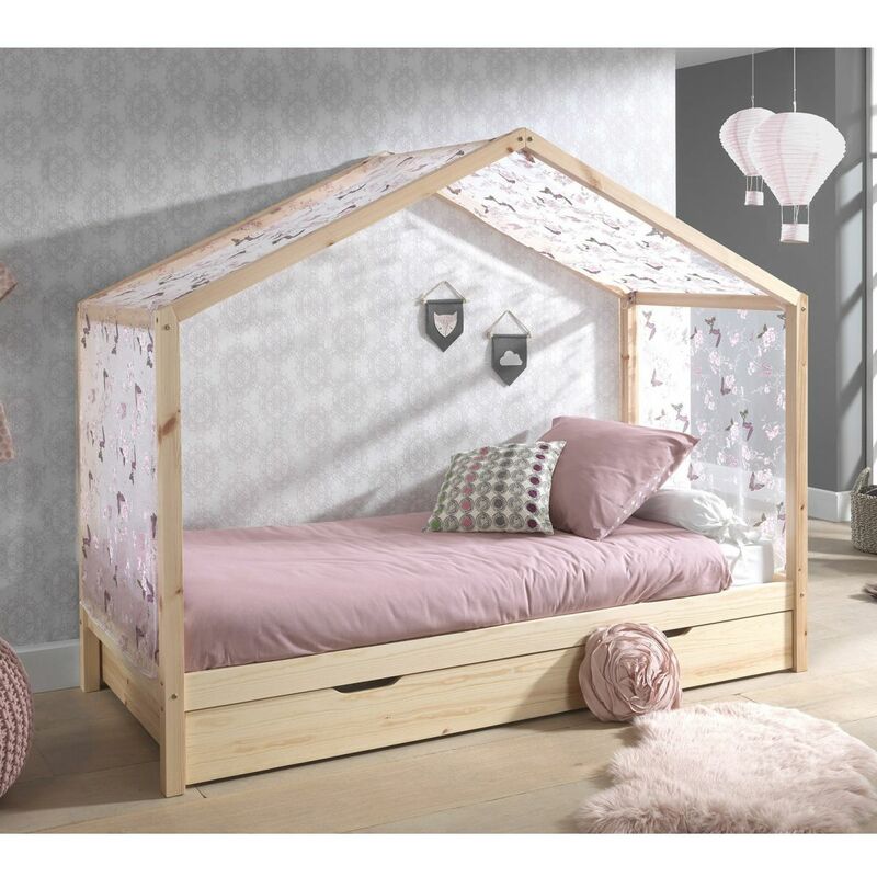 Lit cabane Dallas 2 90x200, tiroir de lit & voile avec dessin de papillons  - bois pin/rose Scandinave - Vipack
