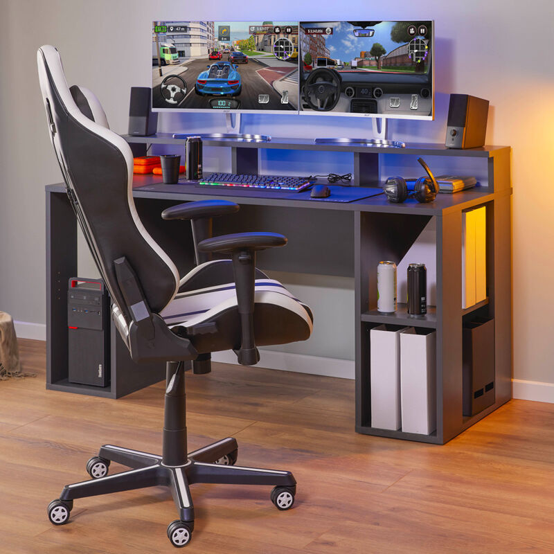 Bureau gamer LEDs - 1 étagère modulable, 4 niches - Coloris : Anthracite.  LEDs. STANDA