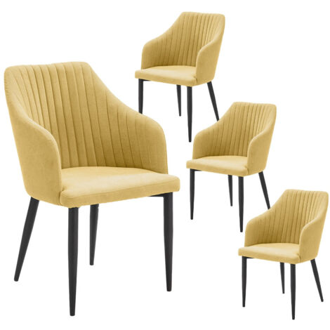 FASCA - Lot de 4 Fauteuils Tissu Jaune Surpiqures Verticales Pieds Métal Noir (1/5)