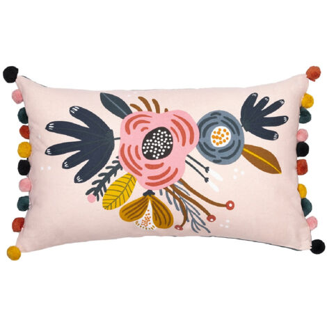 CAPUK - Coussin Déhoussable 30x50cm Coton Motif Rétro avec Pompons (1/3)