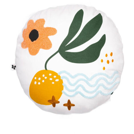 PITCH - Coussin Déhoussable Ø40cm Blancs Motifs Brodés Colorés (1/3)