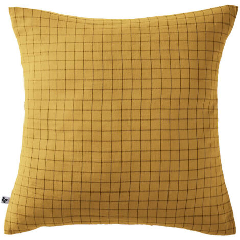 OUREA MOTIF - Taie d'Oreiller 60x60cm Gaze de Coton Safran à Petits Carreaux (1/5)