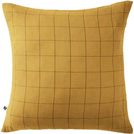OUREA MOTIF - Taie d'Oreiller 60x60cm Gaze de Coton Safran à Grands Carreaux (1/5)