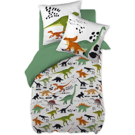 MEZO - Parure de Lit Coton Motif Dinosaures Housse de Couette 140x200cm + Taie d'Oreiller