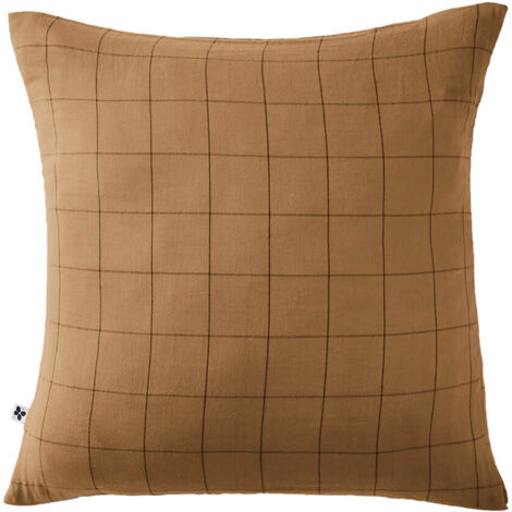 OUREA MOTIF - Taie d'Oreiller 60x60cm Gaze de Coton Camel à Grands Carreaux (1/5)