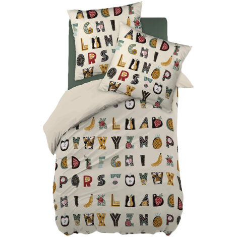 FRUIY - Parure de Lit Coton Motif Alphabet Housse de Couette 140x200cm + Taie d'Oreiller