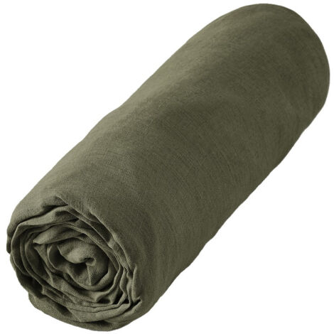 MARGAUX - Drap Housse 160x200cm Lin Lavé Coloris Thym (1/3)