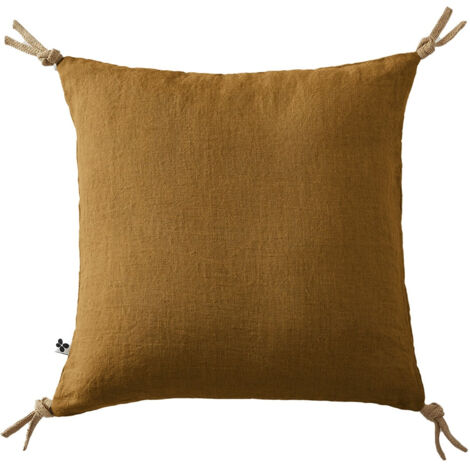 MARGAUX - Coussin Déhoussable 45x45cm avec Pompons Lin Lavé Coloris Caramel (1/4)
