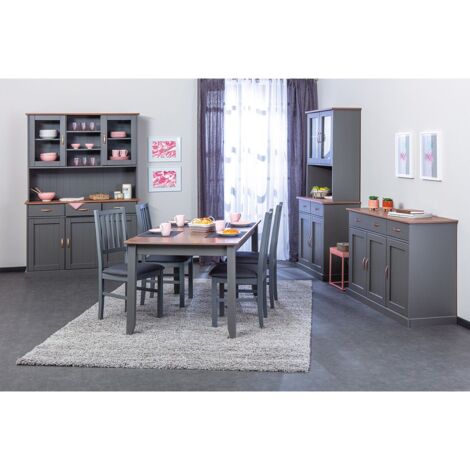 Altobuy – Ensemble séjour complet avec table 160cm – Buffet 3 portes et vaisseliers 4 et 5 portes – Fabriqué en pin massif – Finition vernis gris (1/5)