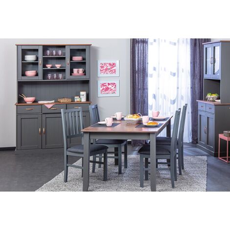 Altobuy – Ensemble séjour 6 places en pin massif – Table 160cm – 2 vaisseliers 4 et 5 portes – Finition vernis gris – Poignées métal cuivré (1/5)