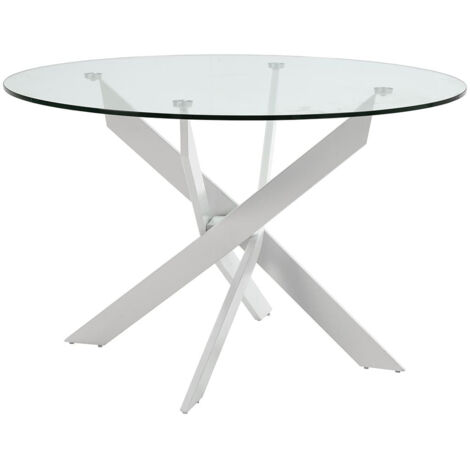 RITHA - Table Ronde 120cm Pieds Métal Blanc et Plateau en Verre (1/5)