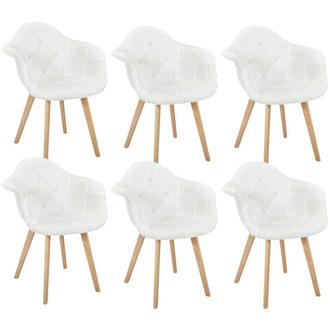 ROHAN - Lot de 6 Fauteuils Imitation Laine Motif Patchwork Blanc (1/5)