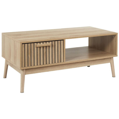 Altobuy – Table basse fixe 100x50xH43cm – 1 tiroir effet bois – Piétement en pin massif – Style Japandi apaisant (1/5)