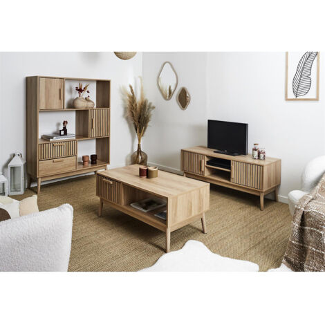 Altobuy – Ensemble de meubles de salon complet effet bois – Table basse 100x50xH43cm – Meuble TV 117x40xH48cm – Bibliothèque 100x35xH140cm (1/4)