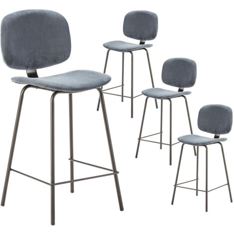 GARY - Lot de 4 Tabourets en Velours Côtelé Bleu Piétement Métal Noir (1/5)