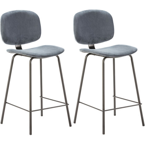 GARY - Lot de 2 Tabourets en Velours Côtelé Bleu Piétement Métal Noir (1/5)