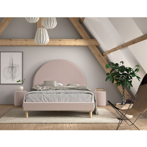 CONNIE - Pack Lit 140x200cm Tête Demi-Lune + 2 Poufs Tissu Bouclé Rose (1/4)