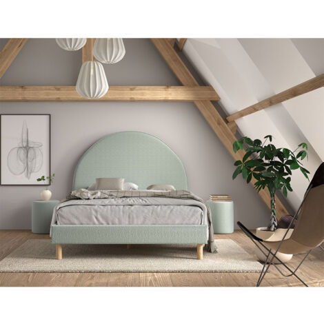 CONNIE - Pack Lit 140x200cm Tête Demi-Lune + 2 Poufs Tissu Bouclé Vert Olive (1/4)