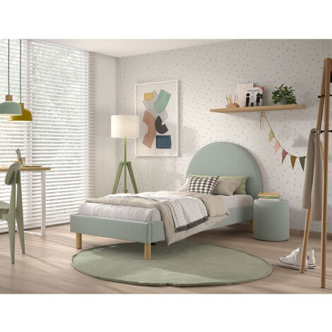 CONNIE - Pack Lit 90x200cm Tête Demi-Lune + Pouf Tissu Bouclé Vert Olive (1/4)