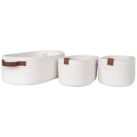 JIANA - Lot de 3 Paniers en Coton Blanc et Poignées Imitation Cuir Marron (1/5)