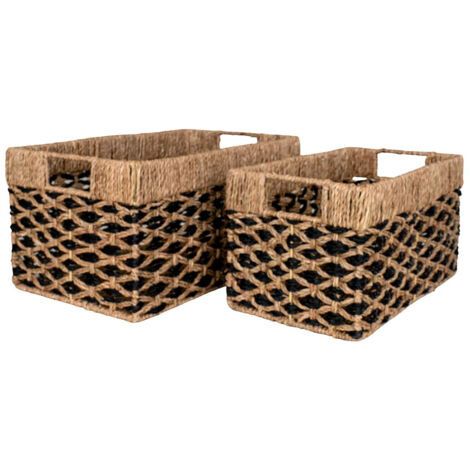 TESSY - Lot de 2 Paniers Rectangles en Fibre Naturelle Motifs Géométriques Noir et Naturel (1/5)