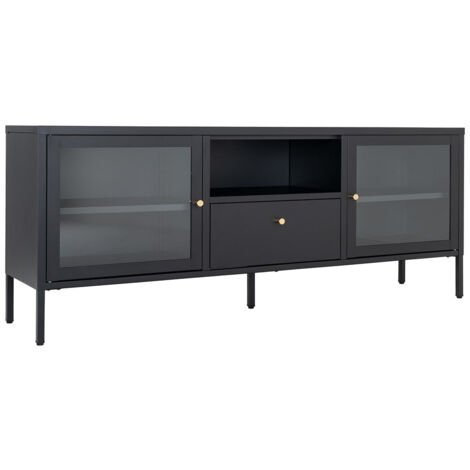HUGO - Meuble TV 2 Portes Vitrées 1 Tiroir 1 Niche en Métal Laqué Noir (1/5)
