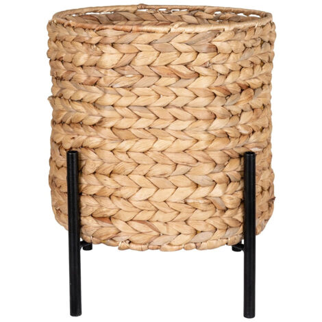 Altobuy – Cache-pot tressé en jacinthe d'eau naturelle – Support en métal noir – Dimensions 26,5 x 26,5 x H28cm – Pour plantes d'intérieur